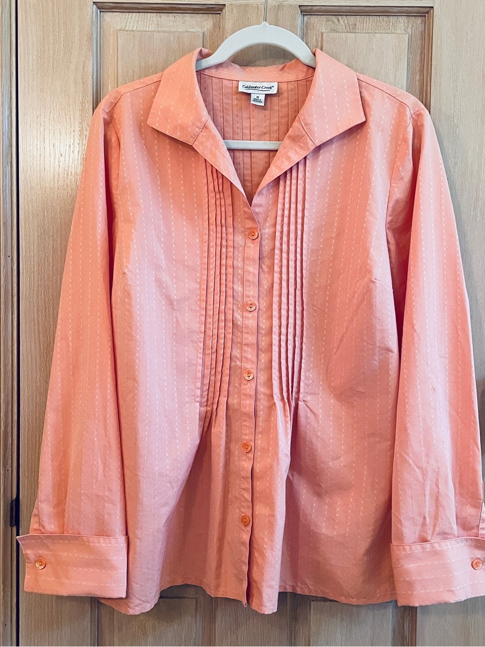 Coldwater Creek Coral-Peach Button Front Pleated Blouse